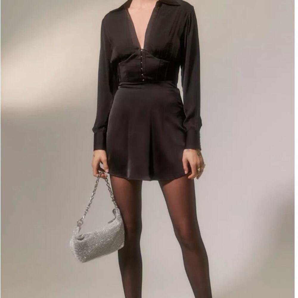 Urban Outfitters Corset Mini Dress Black Satin Y2K Long Sleeve Button Front M